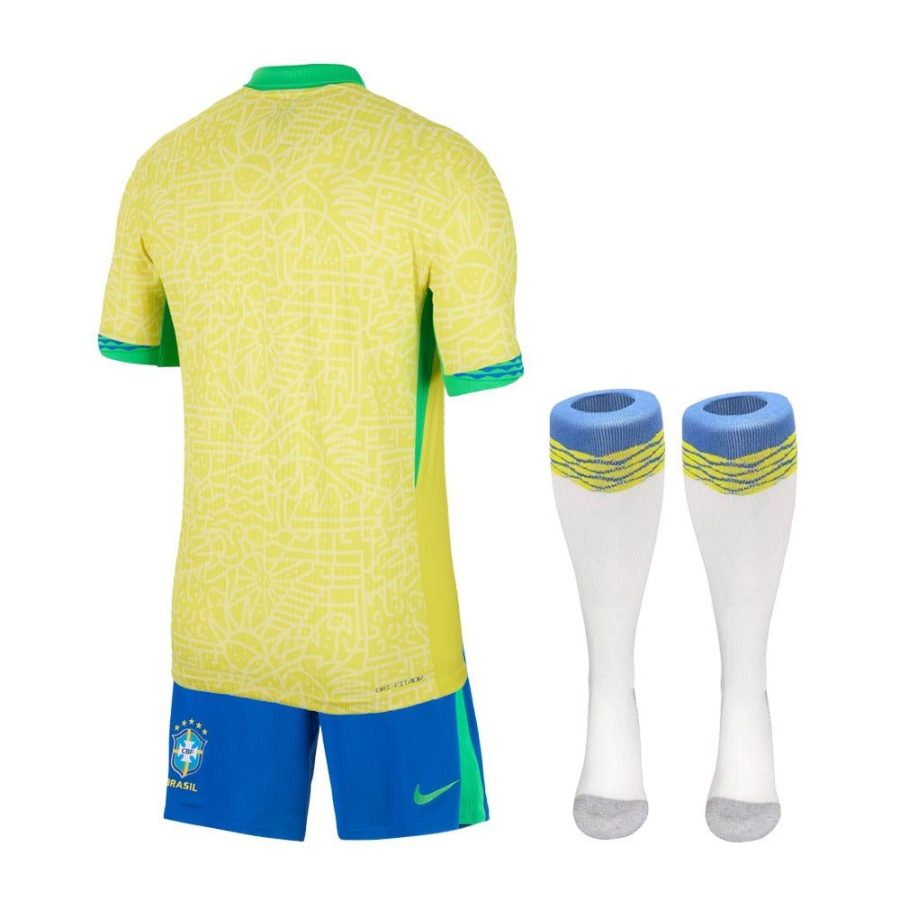 maillot-enfant-bresil-domicile-2024-jaune-et-vert-tenue-de-football Kindershirt Brazilië thuisshirt 2024 geel en groen voetbaltenue