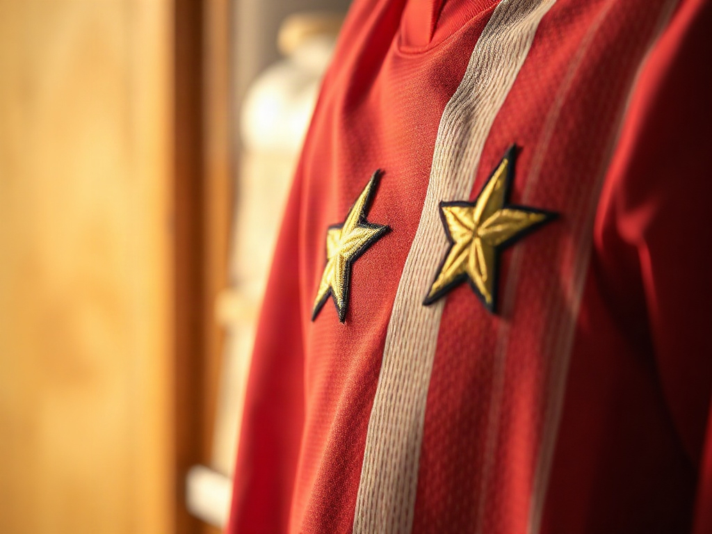 Close-up van de drie geborduurde gouden sterren op het Ajax-shirt, met zichtbare draadtextuur in zacht daglicht