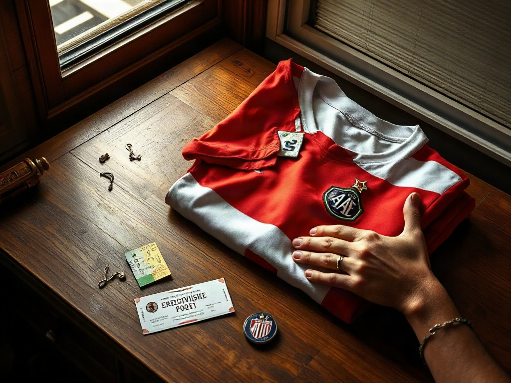 Verzamelaars­handen onderzoeken een Ajax-thuisshirt met drie sterren op een houten bureau in Amsterdam, naast een oud wedstrijdkaartje