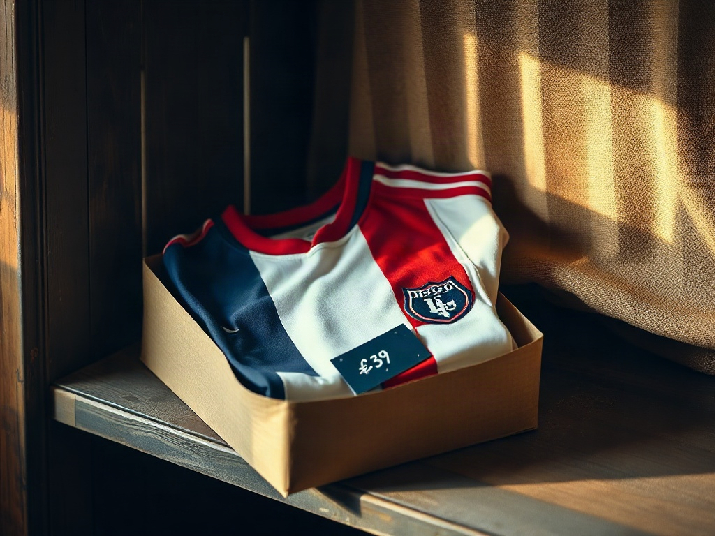 Officieel voetbalshirt in vintage kartonnen archiefdoos met prijskaartje van 39 euro op een houten plank