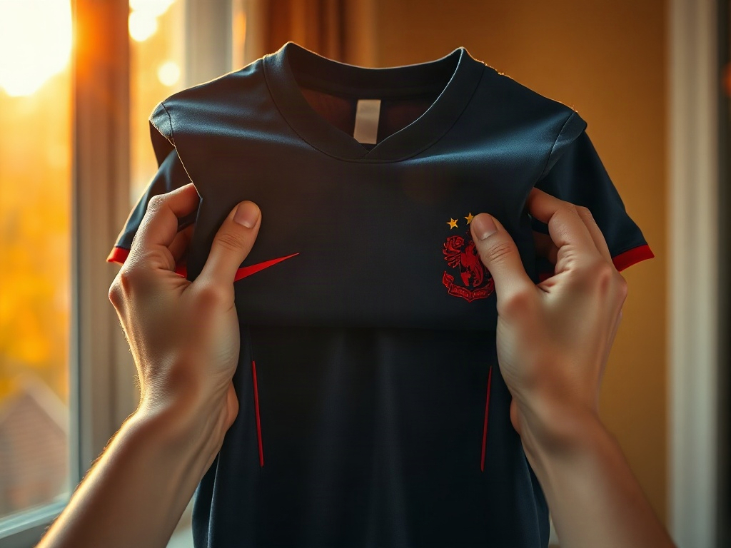 Handen die de borduurwerkdetails van een blauw-rood voetbalshirt bekijken in daglicht bij een raam