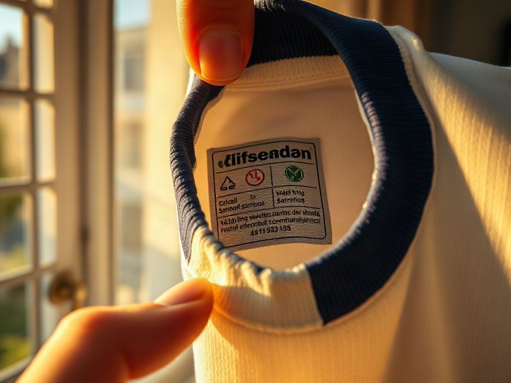 Binnenlabel van een officieel voetbalshirt met maattabel en wasvoorschriften bij daglicht