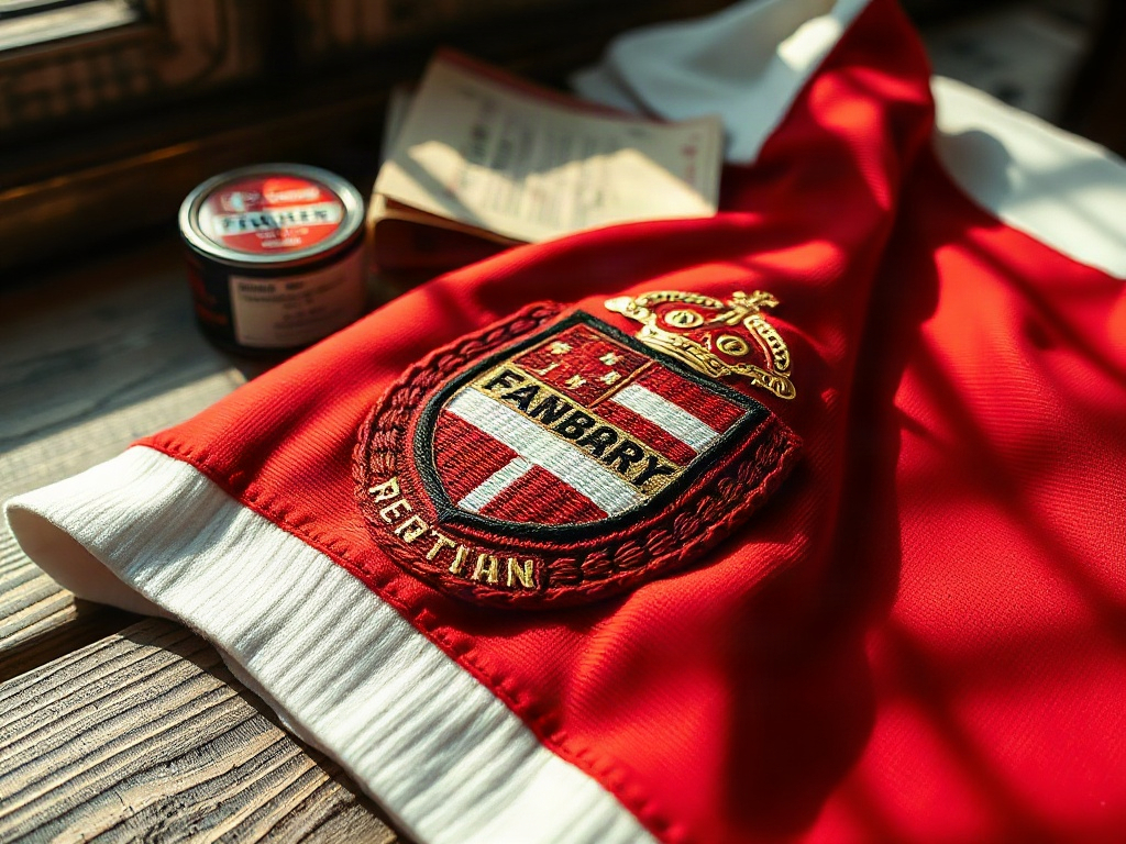 Close-up van een geborduurde clubembleem op een officieel voetbalshirt met reliëftextuur zichtbaar