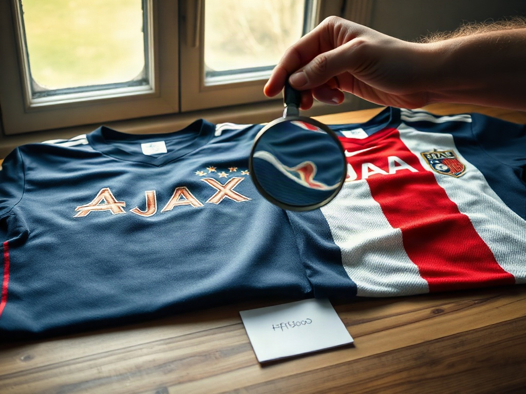 Vergelijking tussen een officieel Ajax voetbalshirt en een namaakshirt, met close-up op de badge-kwaliteit