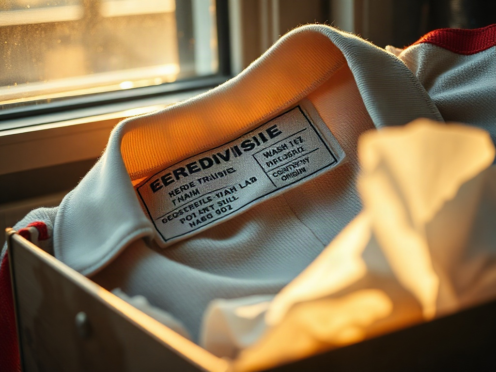 Geweven washinstructielabel binnenin een officieel voetbalshirt, een kenmerk van authenticiteit