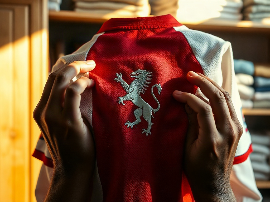 Close-up van geborduurde clubcrest op het officiële AZ Alkmaar shirt 2026, handen voelen de kwaliteit