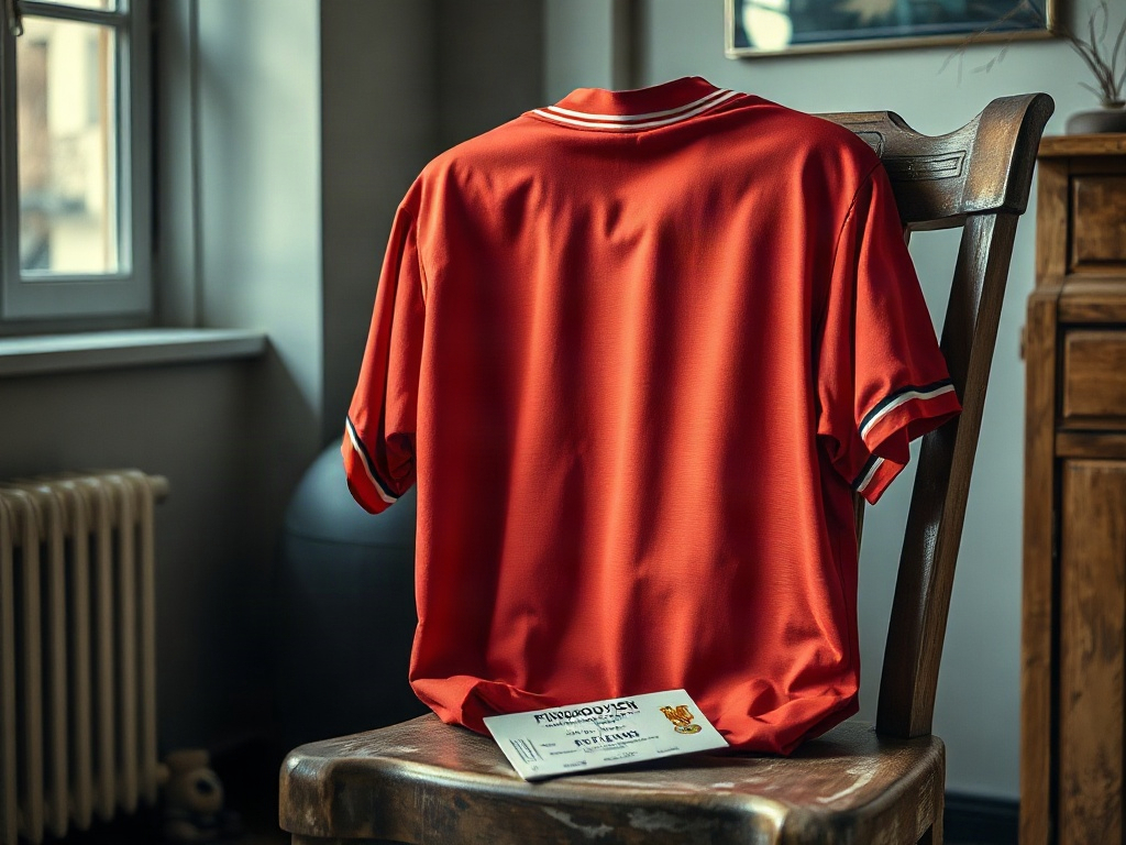 Vintage PSV-shirt uit de jaren negentig met één ster boven het clubembleem, gedrapeerd over een houten stoel