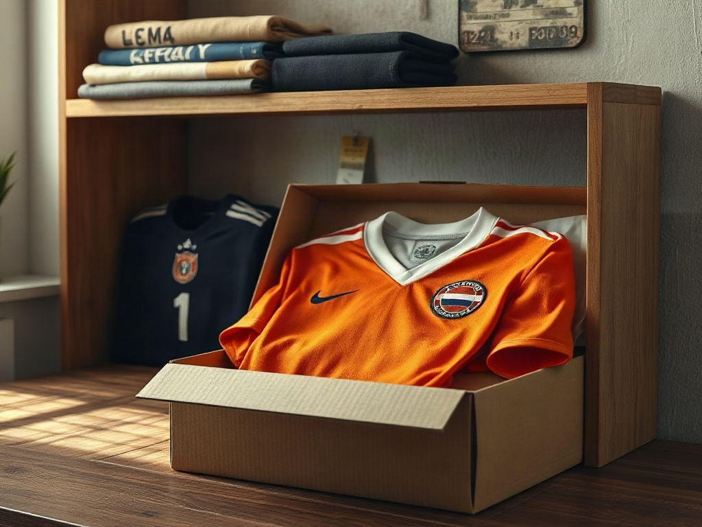 Vintage voetbalshirt uit de jaren tachtig bewaard in archiefbox met tissuepapier