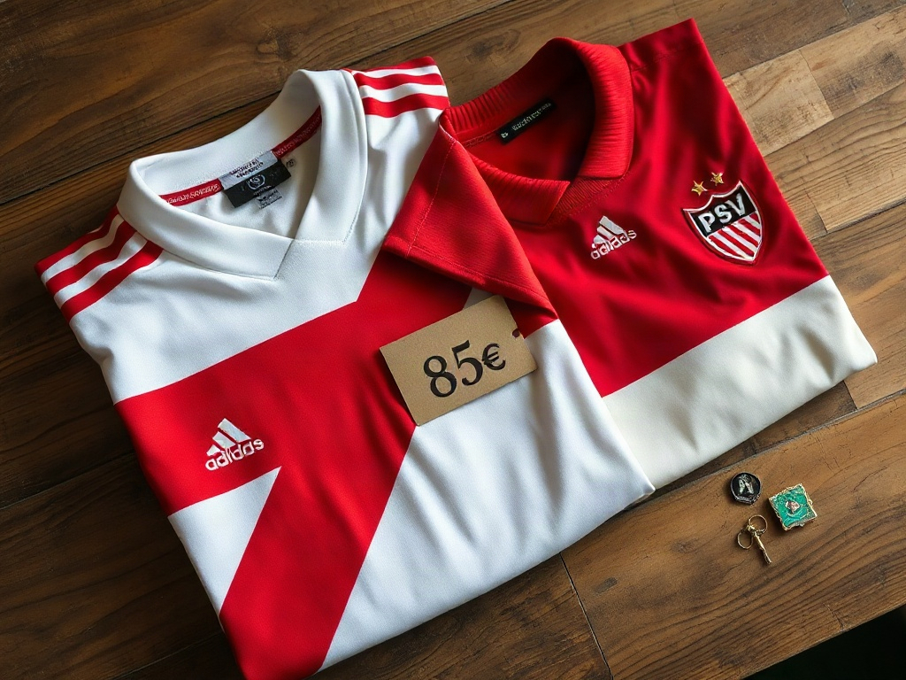 Officieel Ajax-shirt en PSV-shirt naast elkaar met prijslabel op houten tafel
