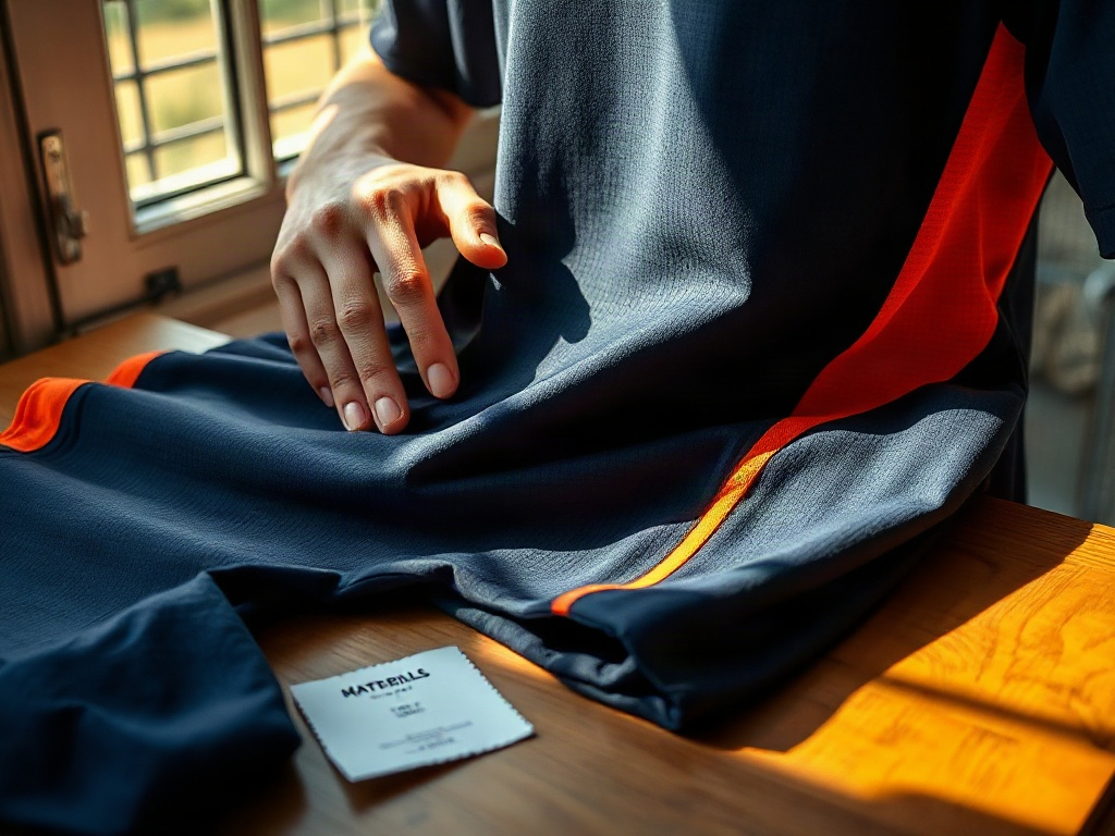 Handen die de stofkwaliteit van een pro player voetbalshirt controleren bij daglicht