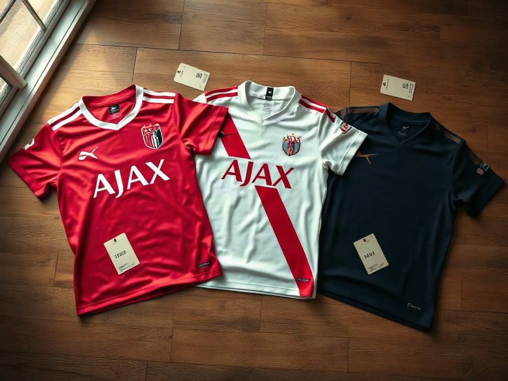 De drie Ajax shirts van 2026 naast elkaar: thuisshirt, uitshirt en third shirt met prijskaartjes