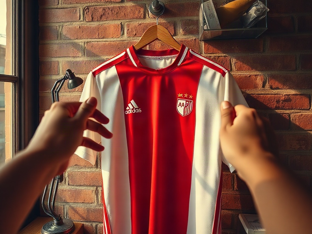 Voetbalshirt Concept Ajax-geïnspireerd shirt hangend aan houten hanger tegen Amsterdamse bakstenen muur