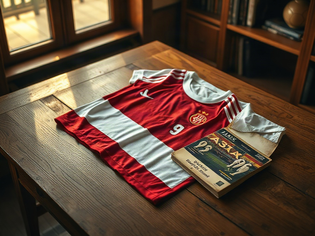 Ajax thuisshirt 2026 uitgevouwen op een houten tafel naast een vintage stadionprogramma