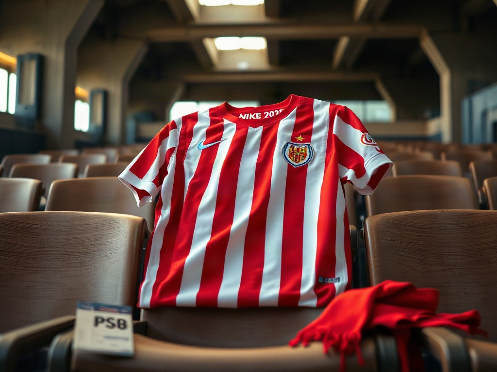 PSV-shirt 2026 over een houten stadionstoel in een leeg stadion bij zacht middaglicht