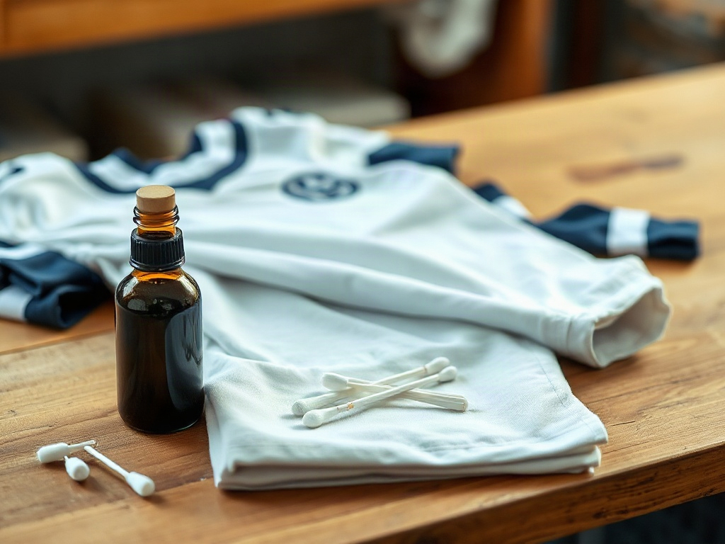 Flesje plastisol dissolvant met een zachte doek en een voetbalshirt op een houten werkbank