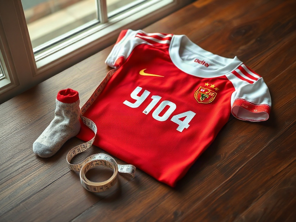 Plat neergelegd voetbalshirt maat 104 met meetlint op houten ondergrond