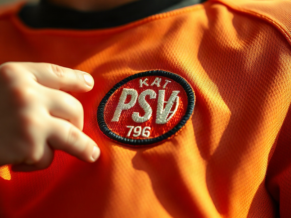 Close-up van geborduurde clubbadge op kindervoetbalshirt maat 104