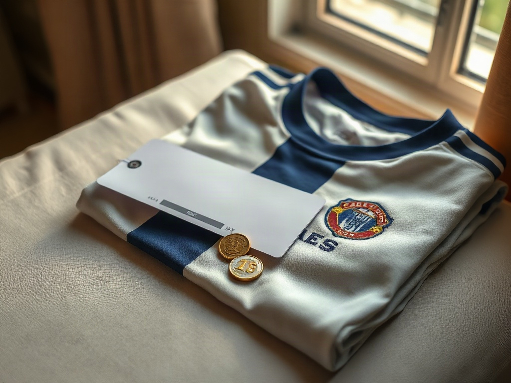 Een gevouwen voetbalshirt met een prijskaartje en twee euromunten op een linnen ondergrond