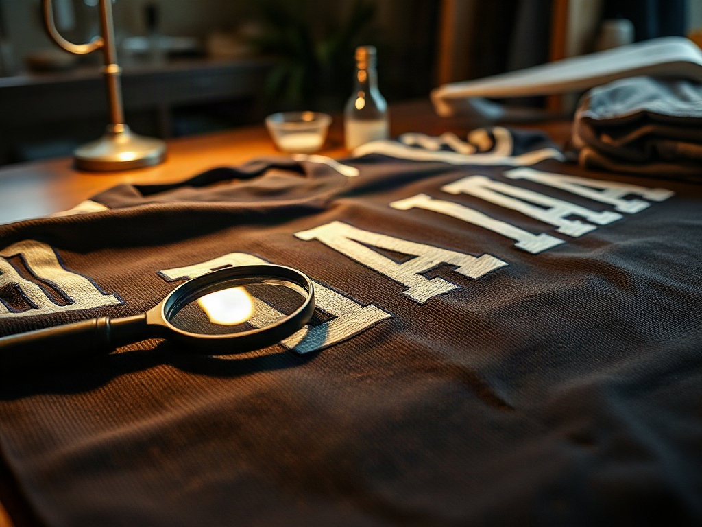 Detail van geborduurde letters op een voetbalshirt onder vergrootglas op een houten tafel