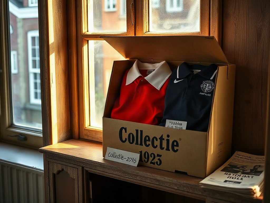 Archiefbox met verzamelde voetbalshirts op een houten plank in een Nederlands interieur