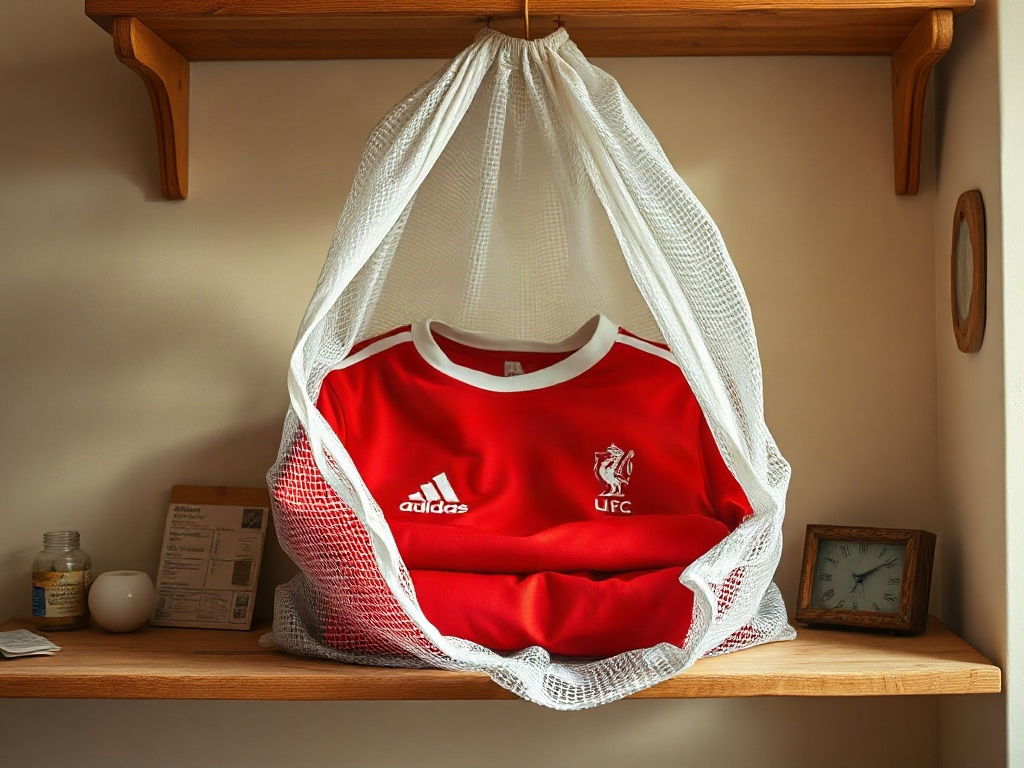 Voetbalshirt in een mesh waszak voor de wasmachine om bedrukking en borduurwerk te beschermen