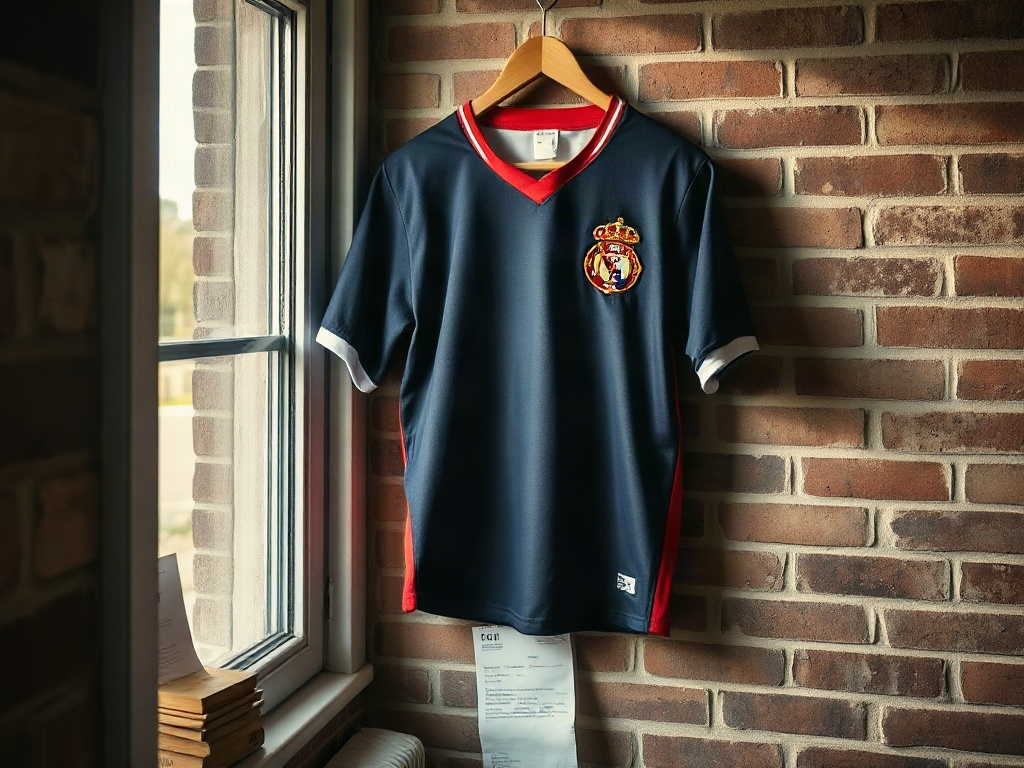 Officieel Eredivisie voetbalshirt hangend aan een bakstenen muur met natuurlijk raamlicht dat de stofstructuur en het geborduurde embleem toont