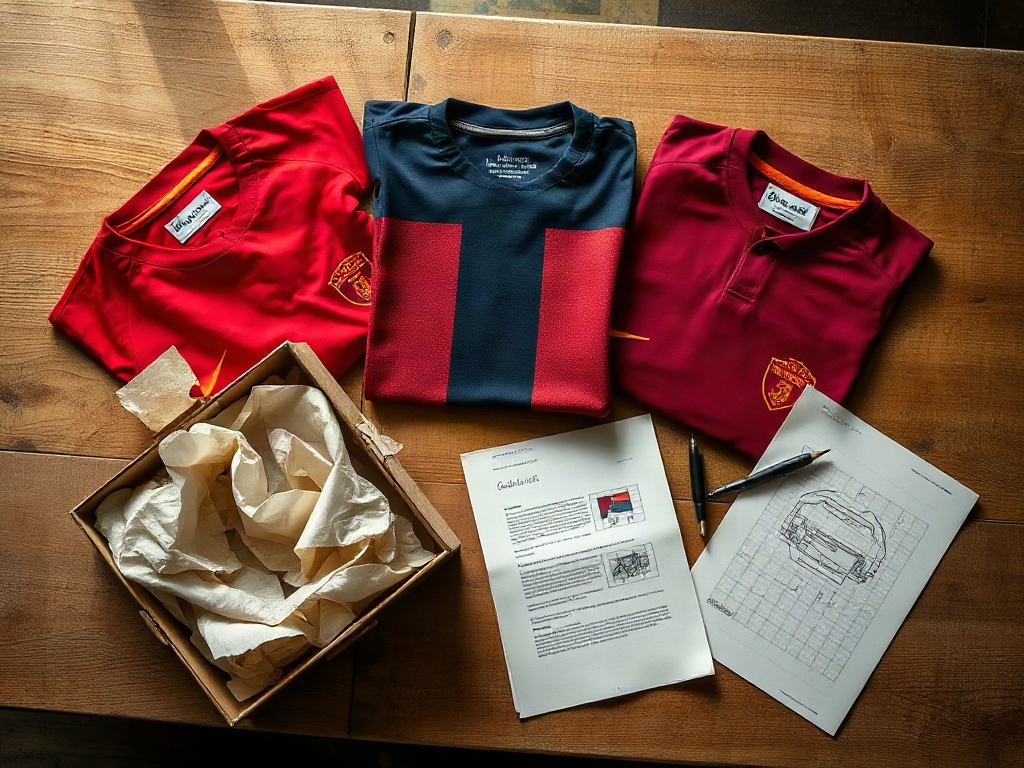 Drie conceptvoetbalshirts in Nederlandse clubkleuren uitgevouwen naast een open archiefdoos met ontwerptekeningen op millimeterpapier