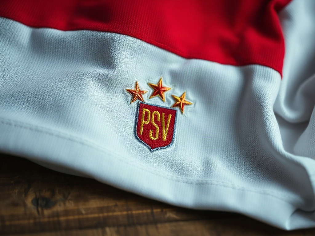 Close-up van de twee gouden sterren boven het PSV-logo op een rood voetbalshirt