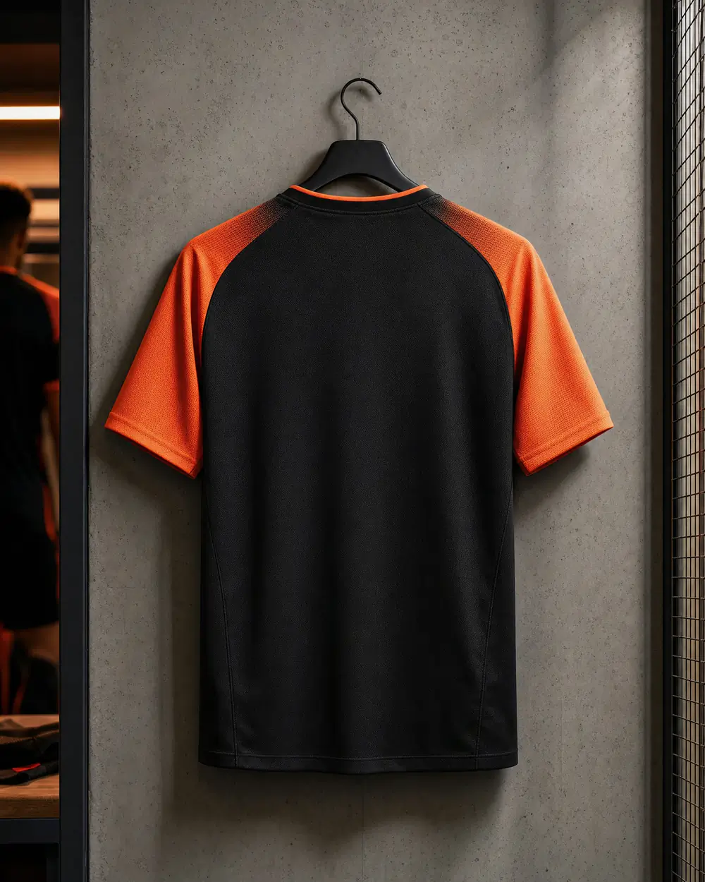 Rug van een zwart-oranje voetbalshirt, klaar voor naam en nummer