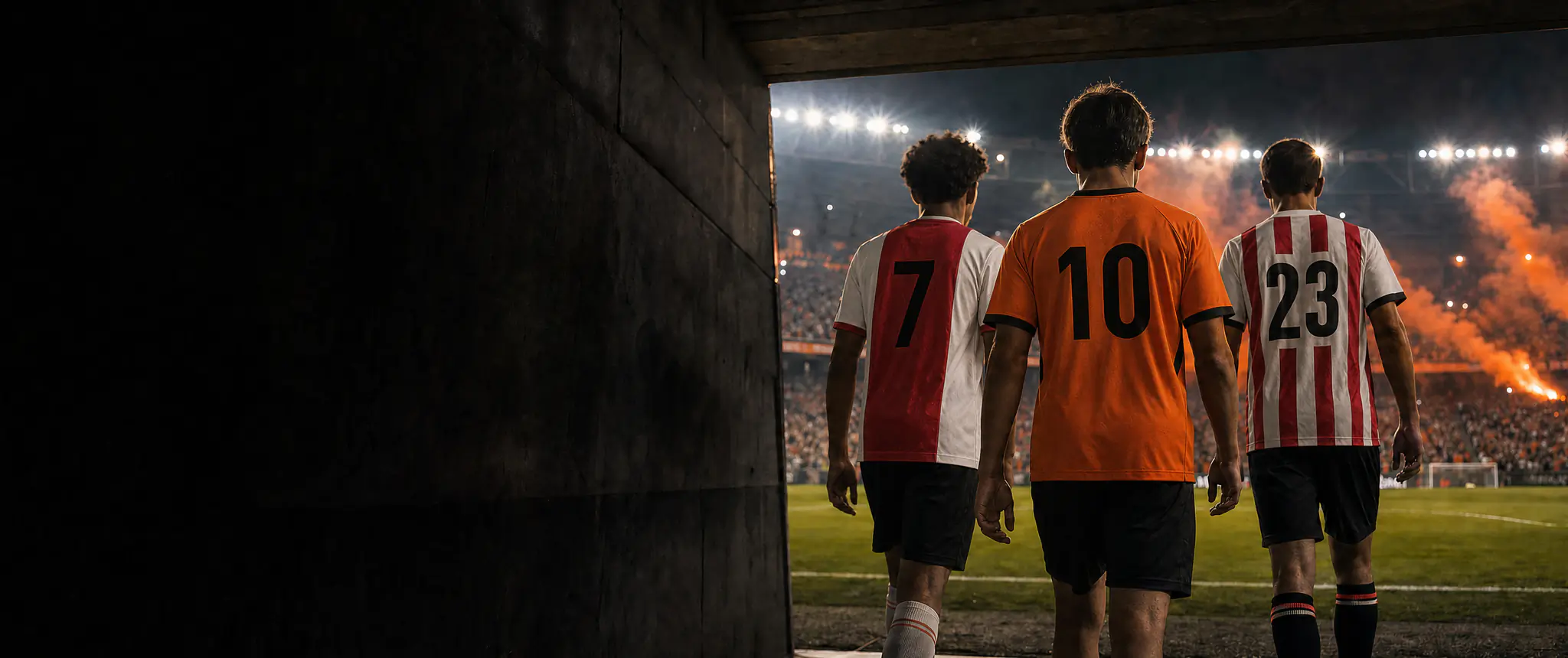 Drie spelers op de rug gezien in de shirts van Ajax, Nederland en PSV lopen 's avonds het stadion in